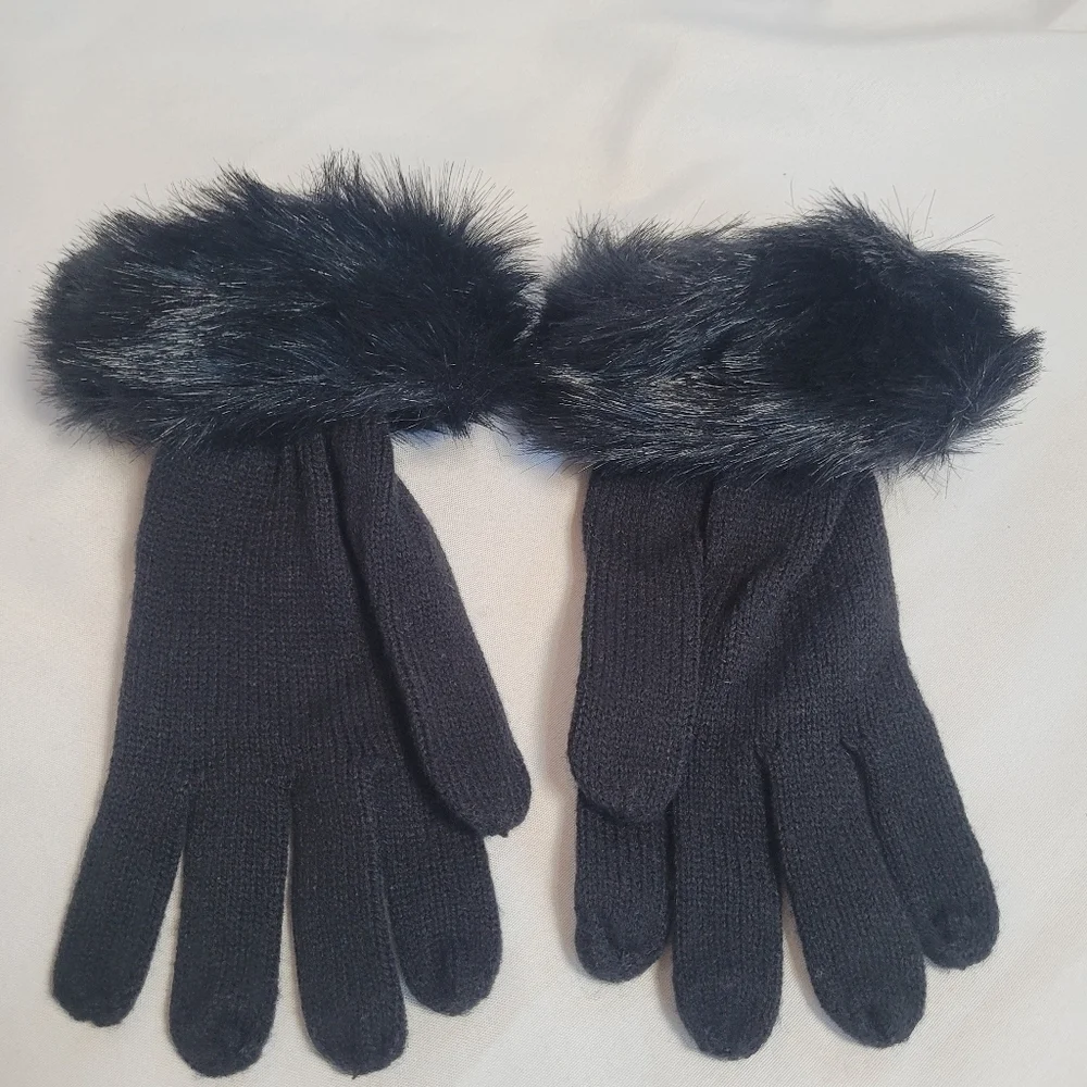Vintage Women's Knit Gloves w/ Faux Fur Black